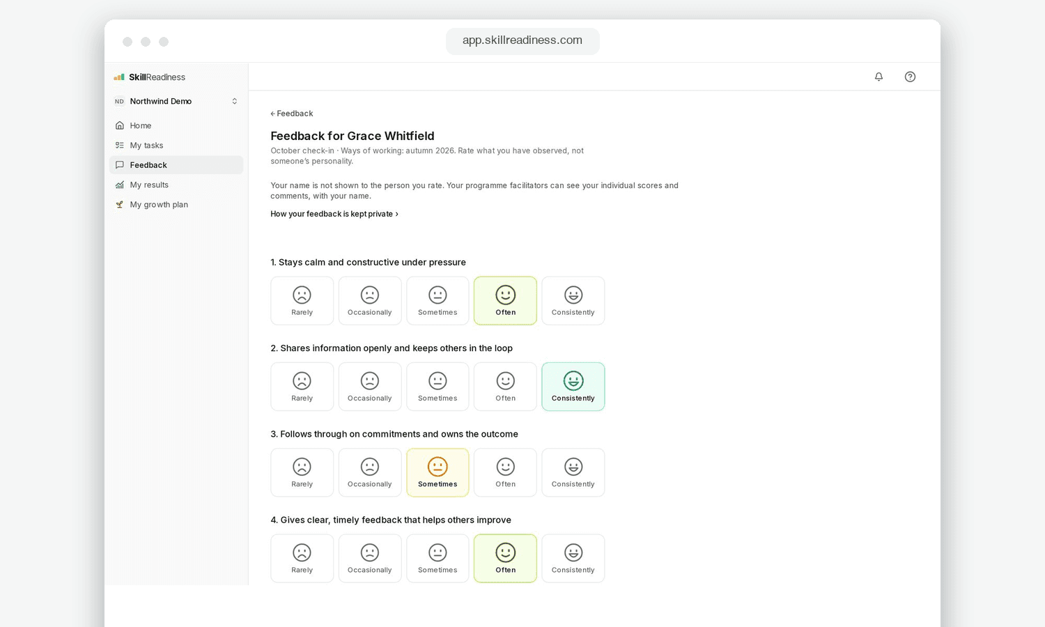 Answering a question in the Skill Readiness app, choosing one of five responses